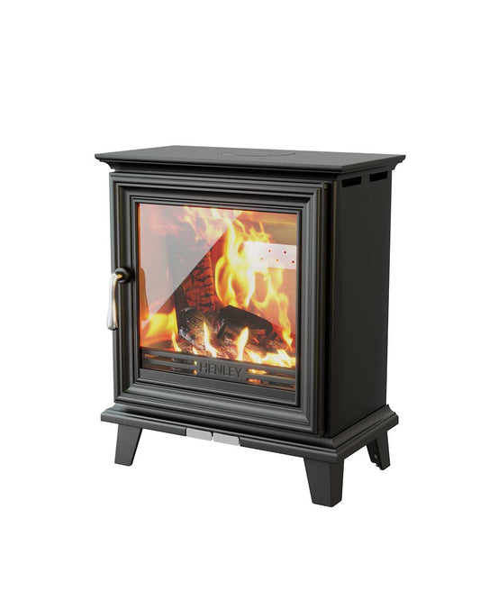 Henley Elmwood 6.5kW Multi Fuel Eco Stove with active fire display and black cast iron finish