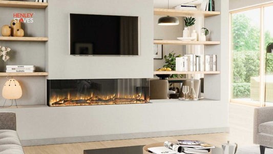 Aurora 1800 Electric Fire with Exclusive Log Set by Henley Stoves in modern living room with shelving