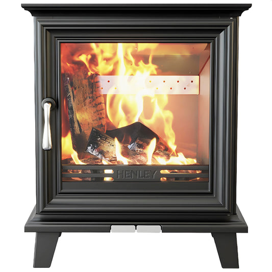 Henley Stoves Elmwood 5kW Woodburning Eco Stove with roaring fire and cast iron door