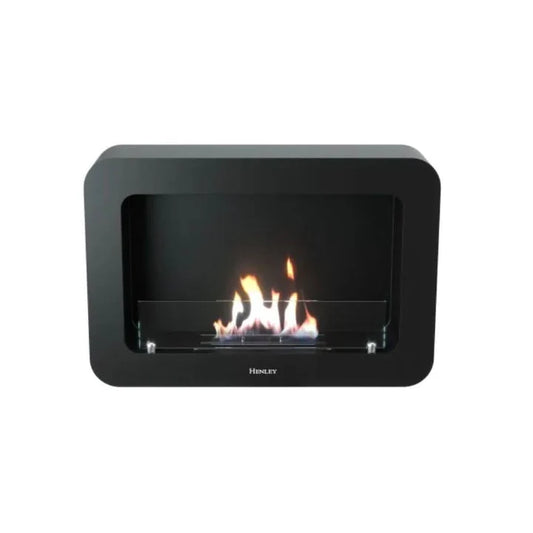Henley Crete Black bioethanol stove with realistic flames and rounded black frame design