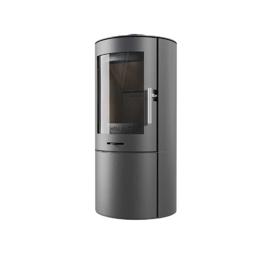 Henley Geneva Eco 5kW wood-burning stove with grey finish and curved glass door, ideal for UK homes