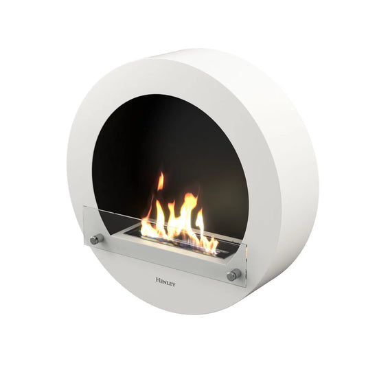 Henley Hamburg White bioethanol stove with round design and visible flame on white background