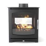 Henley Stoves Hazelwood Double Sided BIO Stove with flames visible through glass window, displayed on Burner Hub