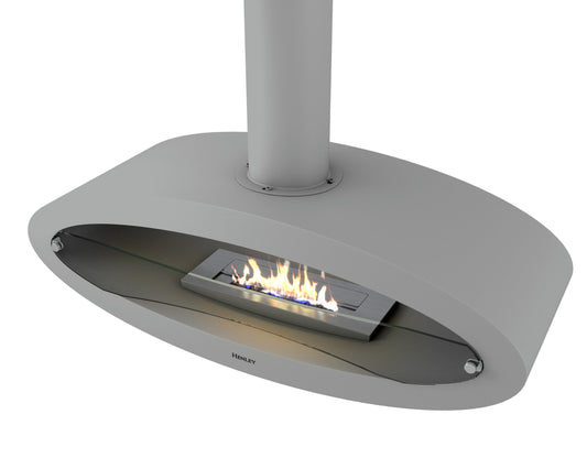 Henley Budapest Silver Stove ceiling mounted bioethanol fireplace with active flames and grey finish