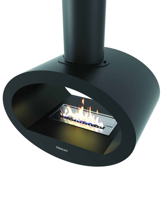 Henley Milan Black Stove with suspended ceiling mount and lit bioethanol burner displaying blue and orange flames