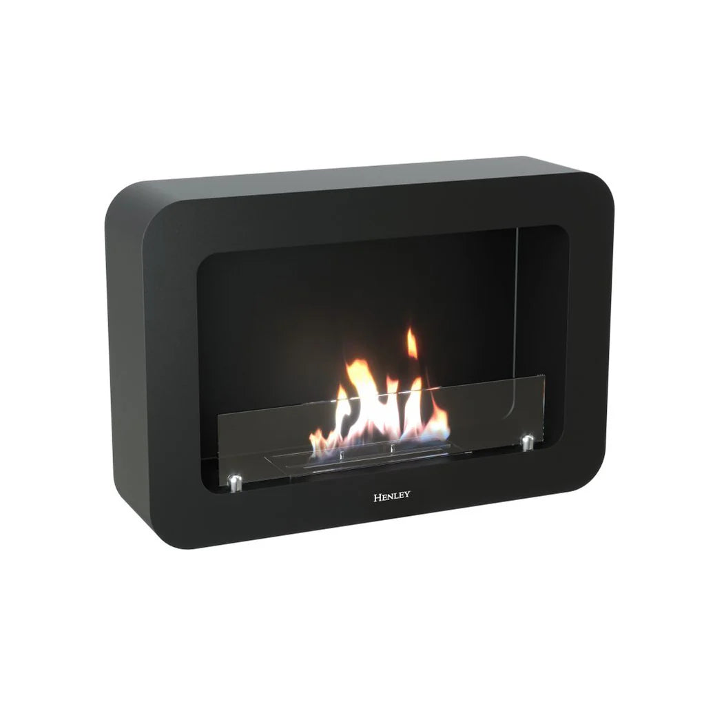 Henley Crete Black bioethanol stove with realistic flames and glass front panel on white background