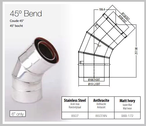 Gazco Balanced Flue Stainless Steel 45° Bend