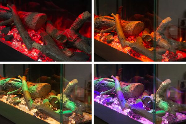 Electric stove flame effect display showing red, orange, green and purple LED log set options with realistic glowing embers