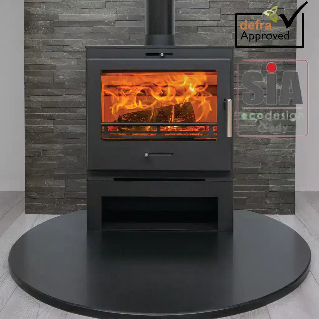 Pevex X40 Cube Xtrawide wood-burning stove with black finish and wide viewing window