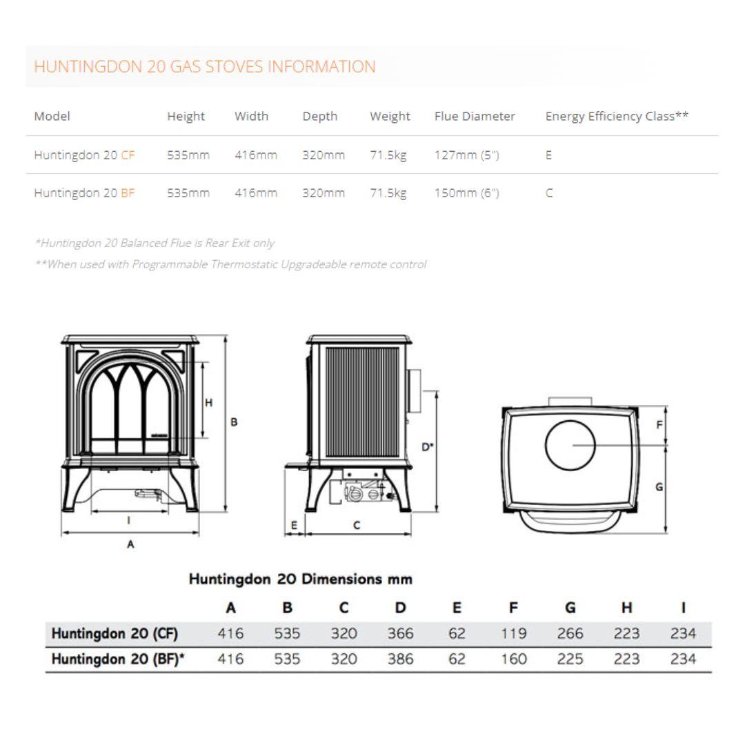 Dimensions of the Huntingdon 20 Gas Stove