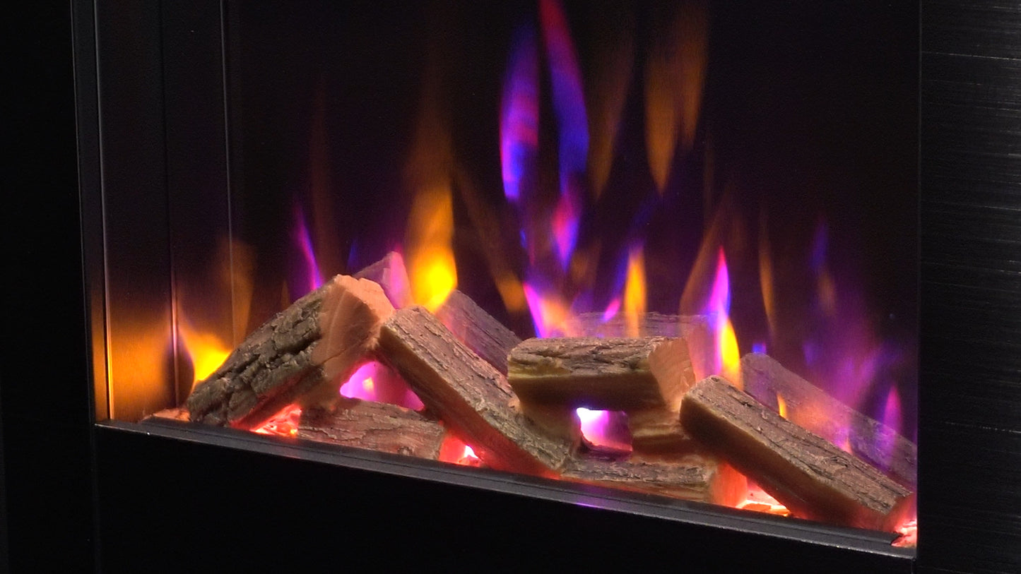 Modern electric fireplace with multicoloured flame effect, realistic log set and glass front display