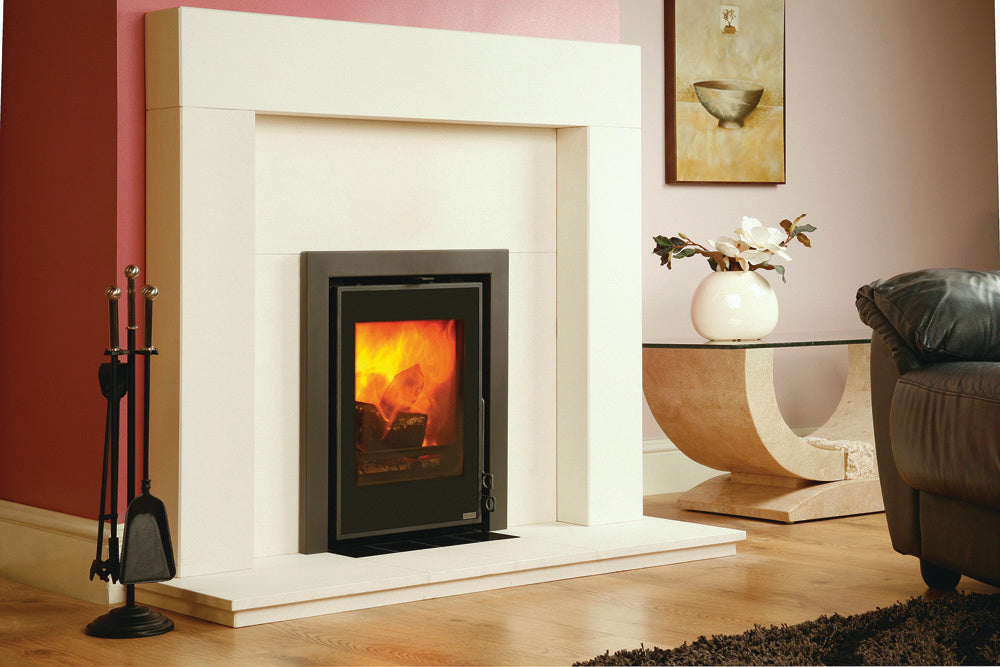 Pevex 40 Inset Ecodesign Convector Cassette Stove with black frame and glass front