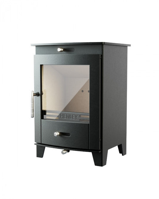 Henley Redwood Eco 5kW Multi Fuel Eco Stove with black cast iron body and large glass door
