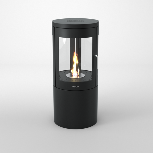Henley Berlin Black bioethanol stove with glass panels and active flame displayed against white background