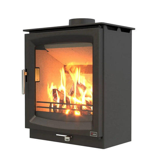 Henley Stoves Burnbright 5kW Wood Burning Eco Defra Stove with active flames and grey cast iron finish