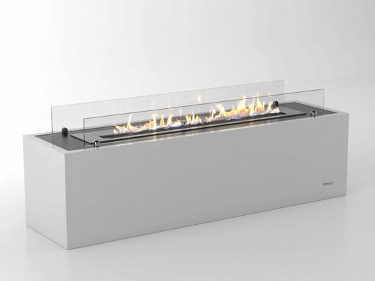Henley Mist White bioethanol stove with long linear burner and glass windscreen on white background