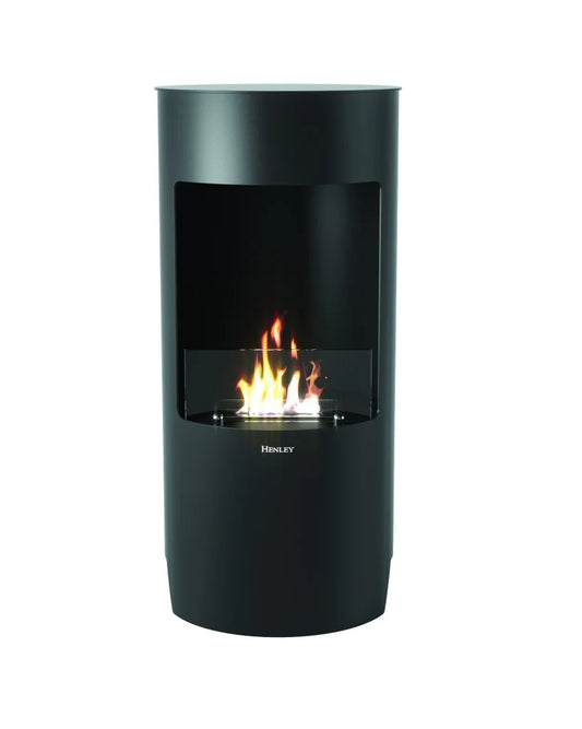 Henley Paris Matt Black bioethanol stove with realistic flame display and cylindrical design
