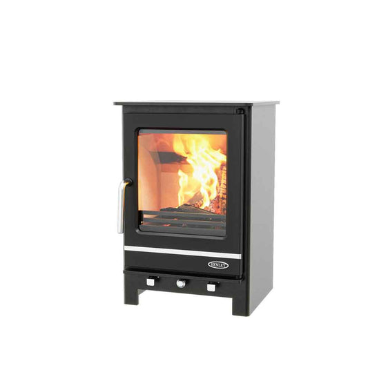Henley Hampshire 5kW Multi Fuel Eco Stove with active fire displaying flames and ash pan visible below door