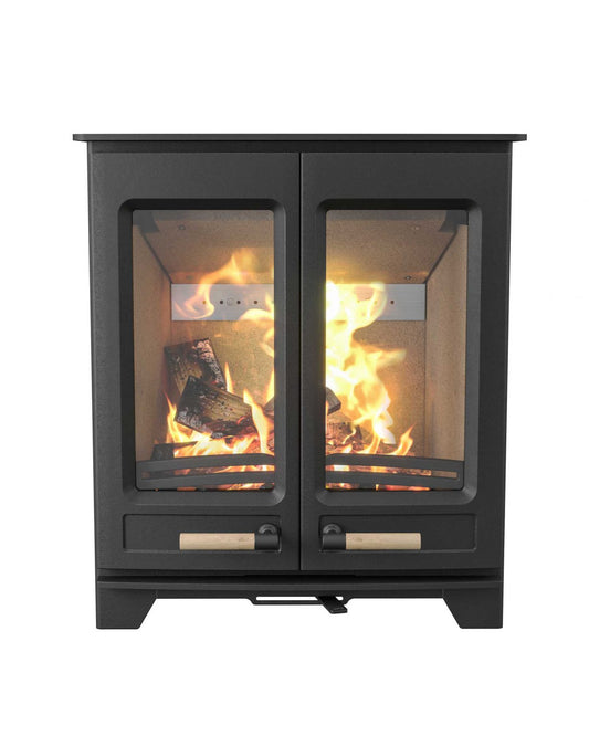 Hampton 5kW Twin Door Wood Burning Eco Stove by Henley Stoves with active flames visible through glass doors