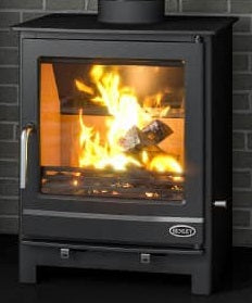 Henley Hampshire 7kW Multi Fuel Eco Stove with roaring fire visible through glass door, black finish