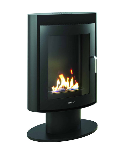 Henley Madrid Black bioethanol stove with realistic flame effect and curved glass front on pedestal base