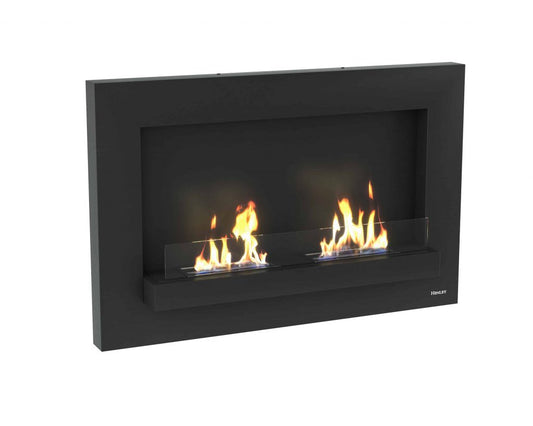 Henley London Grey bioethanol stove fireplace with dual fuel burners and realistic flame effect on black background