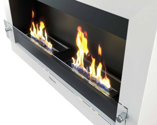 Henley Oslo 900 Black bioethanol stove with yellow and blue flames on white surround, front view
