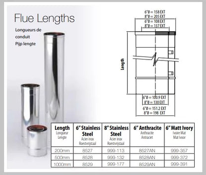 Gazco Balanced Flue Stainless Steel 200mm Straight Length (effective length 140mm)