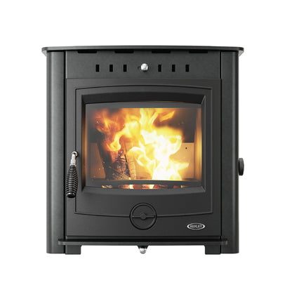 Black inset wood-burning stove with roaring fire and glass front door displaying flames and burning logs
