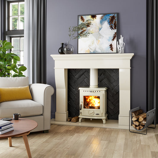 Henley Aran 5kW Multi Fuel Eco stove with black finish and chrome accents