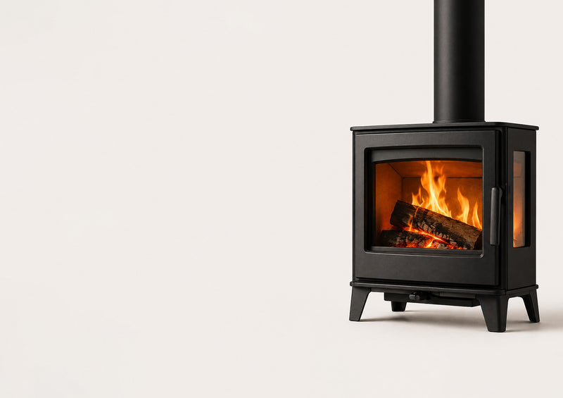 Modern black wood-burning stove with glass front and lit flame on white background