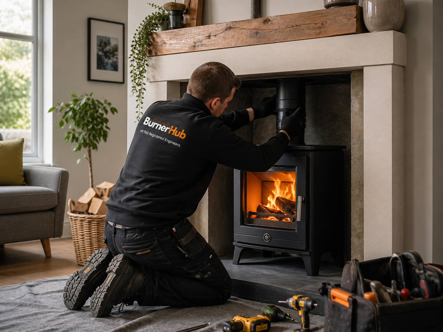 BurnerHub engineer installing a black wood-burning stove in a cream fireplace with lit fire and wooden mantel