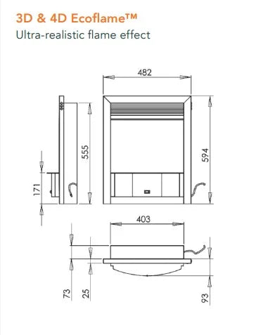 Charlton & Jenrick 16" 4D Ecoflame Electric Fire with Satin/Black Elite Fascia Dimensions