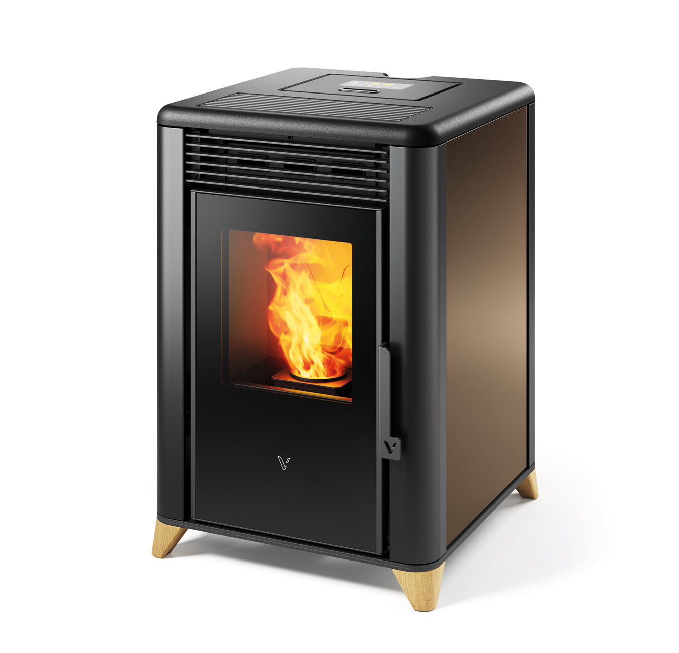 Henley Stoves Elly Eco 2.5kW - 6kW black pellet stove with wooden feet and active flame display