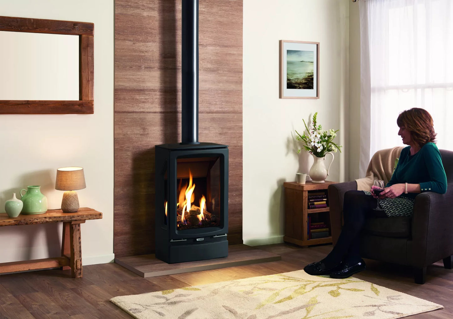 Gazco Vogue Midi T Black Glass Balanced Natural Gas Stove