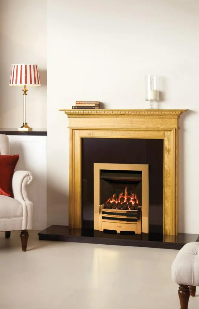 Logic Convector conventional flue fire with Polished Brass-effect Arts front.