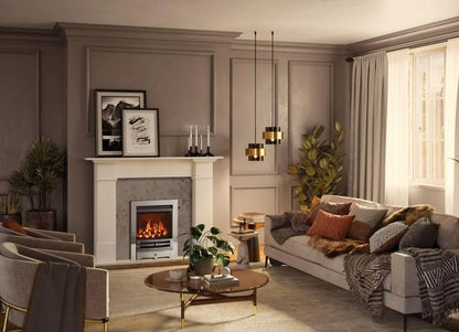 Logic HE conventional flue fire (Slide control) with coal-effect and Highlight Polished Chartwell front. Shown with Claremont Limestone mantel.