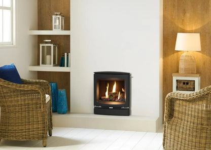 Logic HE conventional flue fire (Slide control) with log-effect and Vogue Inset front.