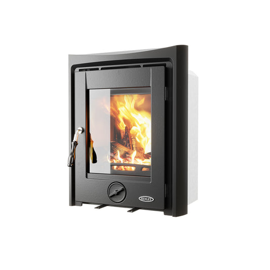 Henley wood-burning stove with black cast iron finish and large glass front displaying active flames and burning logs