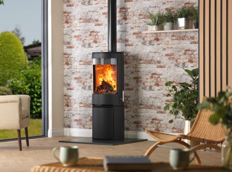 Matte black low profile log store with open framework, designed for Purevision PVR cylinder stove
