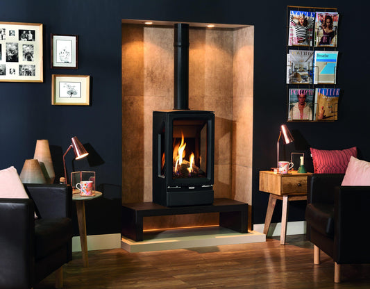 Gazco Vogue Midi T Black Glass Balanced Natural Gas Stove