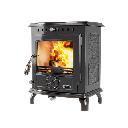 Henley Aran 5kW Multi Fuel Eco wood-burning stove with active flames and cast iron construction on four legs