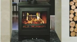 Pevex Brightwell 900 Double Side wood-burning stove with black finish and glass doors