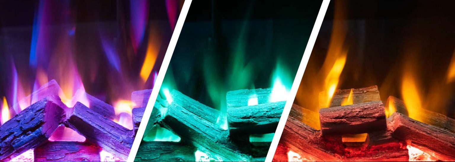 Aurora 750 Electric Fire with Exclusive Log Set by Henley Stoves in purple, green and orange flame colours