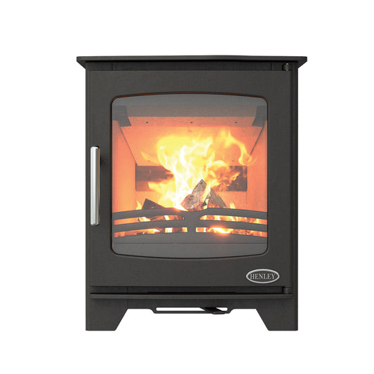 Henley Hazelwood Compact 5kW Wood Burning Eco Stove with active flames and grey cast iron body